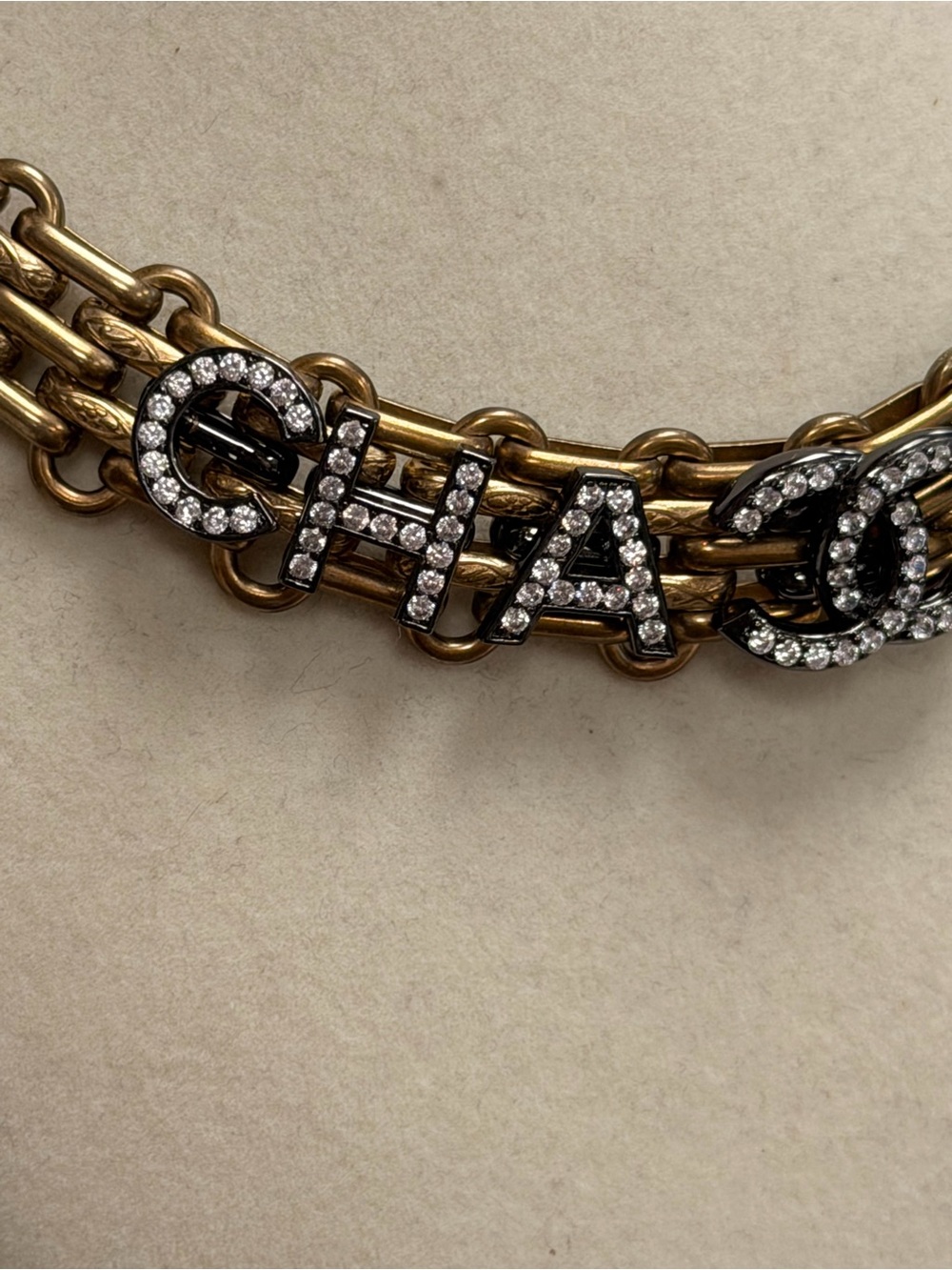 CHANEL Gold Chain Necklace with Crystal Logo Letters - Picture 2 of 3